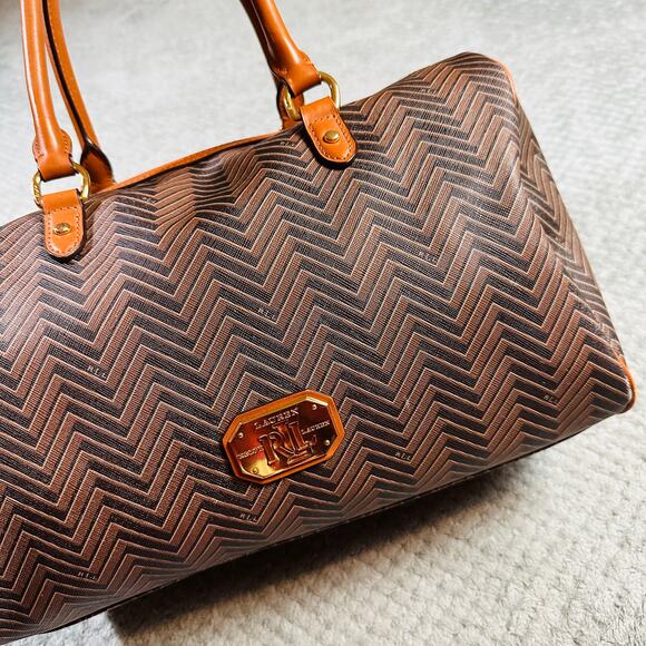 Vintage RALPH LAUREN Boswell Brown Striped Monogram Speedy Duffle Bag Barrell - Picture 2 of 12